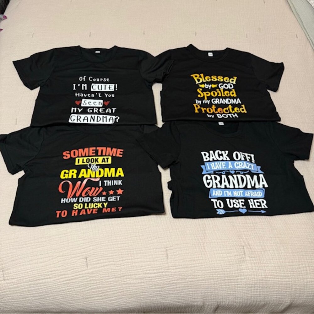 NWOT Four Amazon Kid's Black T-Shirts with Quotes About Grandma, Size 7-8Y